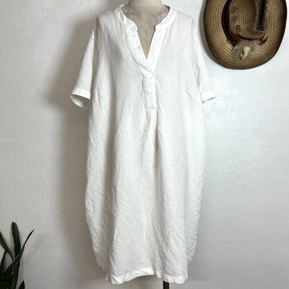 HM Linen Blend V Neck Tunic Dress XL White Short Sleeve Midi Resort Coastal